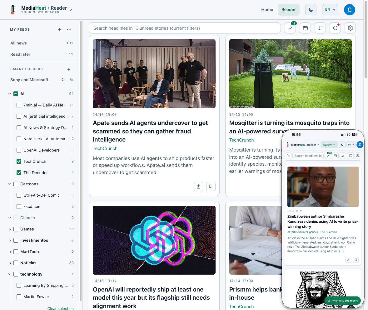 Tela real do MediaHeat / Reader com pastas e manchetes em cards, no computador e no celular