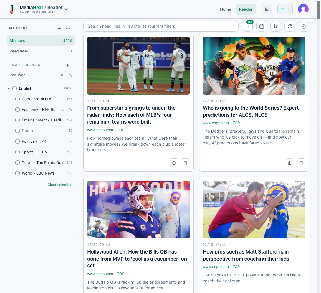 Tela real do MediaHeat / Reader com pastas, pastas inteligentes e cards de notícias