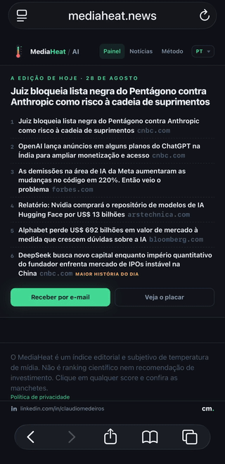 Demonstração do cartão de notícia do MediaHeat, do compartilhamento e da navegação por notícias relacionadas
