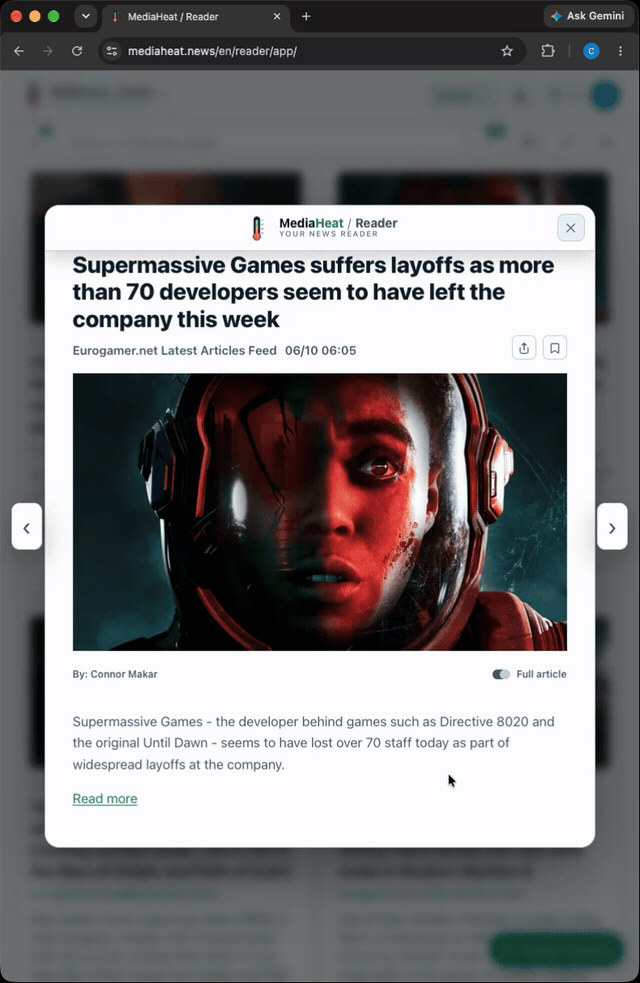 From the feed summary to the full article, and back, inside MediaHeat / Reader.
